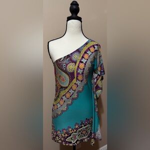Vibrant Turquoise Multi color One-Shoulder Dress or Top with Paisley print